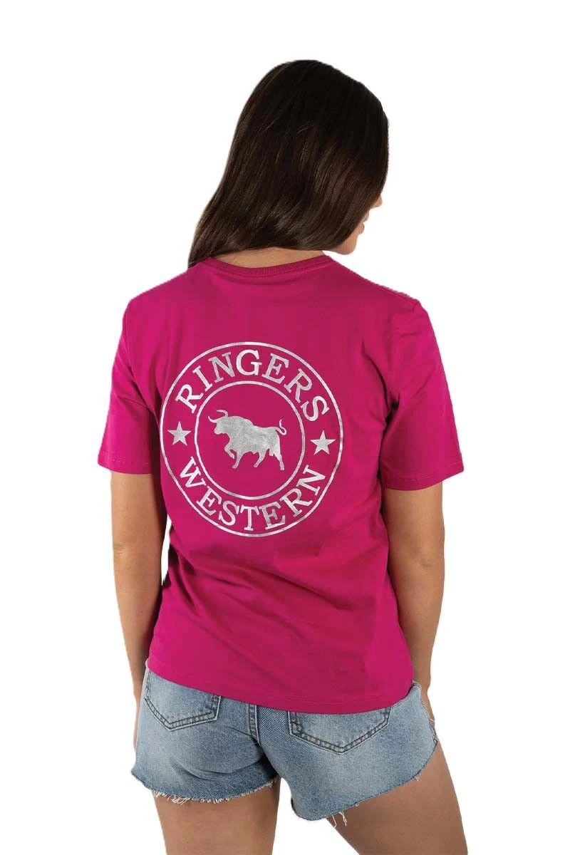 Ringers Western Womens Signature Bull Loose S/S Tee (220018RW) Magenta with Silver Print