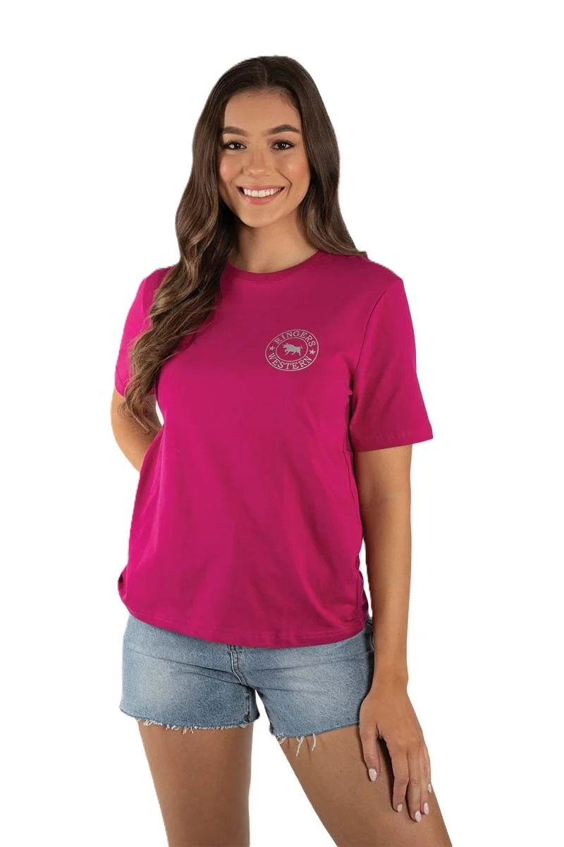 Ringers Western Womens Signature Bull Loose S/S Tee (220018RW) Magenta with Silver Print - Image 2