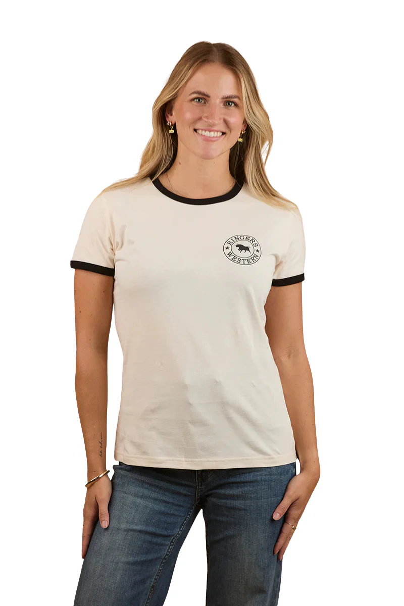 Ringers Western Womens Signature Bull Ringers S/S Tee (225001RW) Off White/Black - Image 2