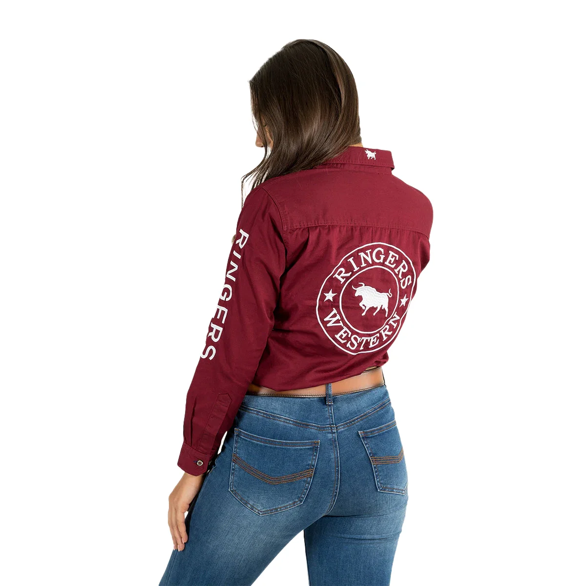 Ringers Western Womens Signature Jillaroo Full Button L/S Work Shirt  (218110002) Burgundy/White - Image 2