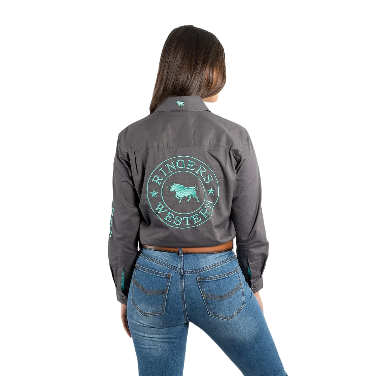 Ringers Western Womens Signature Jillaroo Full Button L/S Work Shirt  (218110002) Magnum/Mint Embroidery - Image 3
