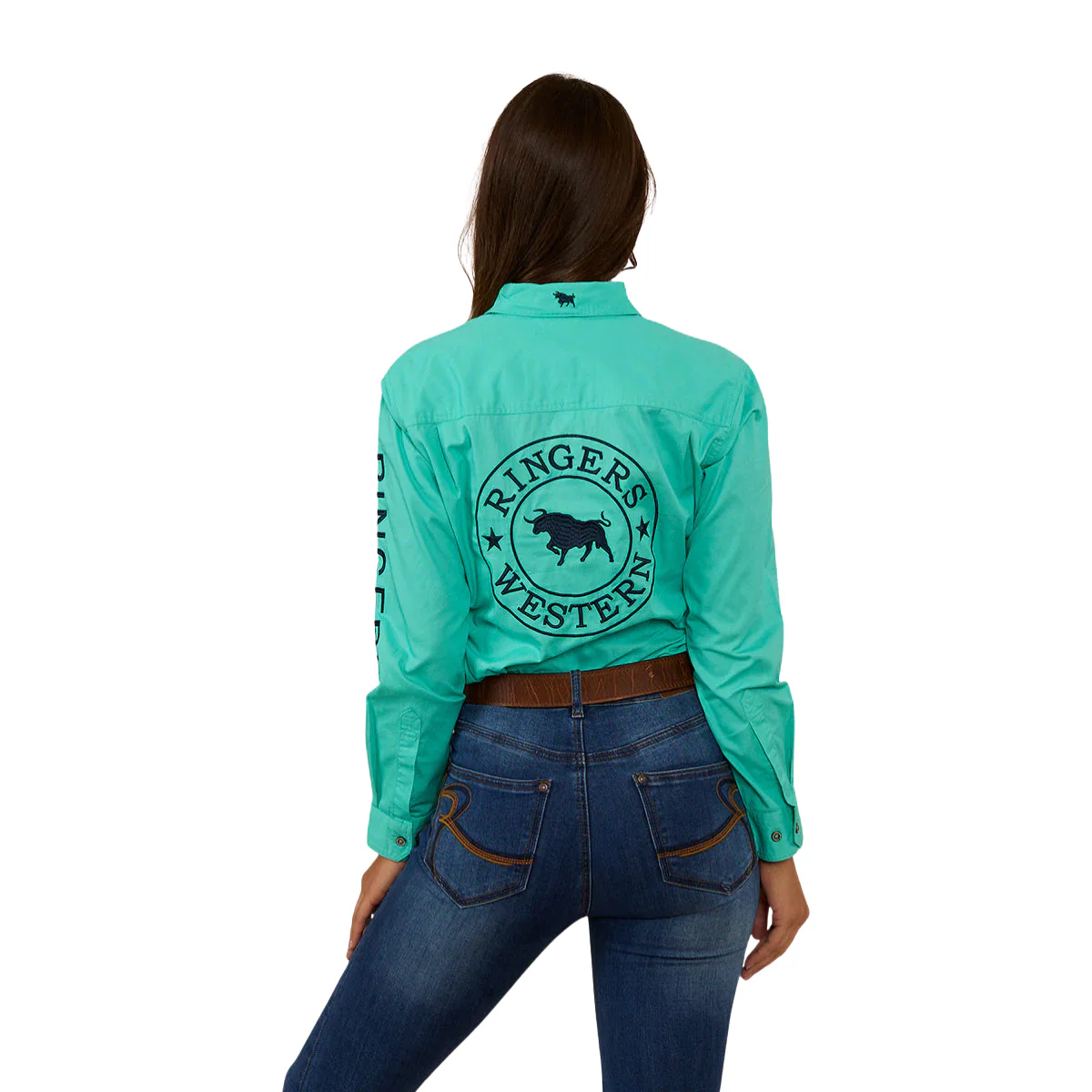Ringers Western Womens Signature Jillaroo Half Button L/S Work Shirt  (223125RW) Mint/Navy - Image 3