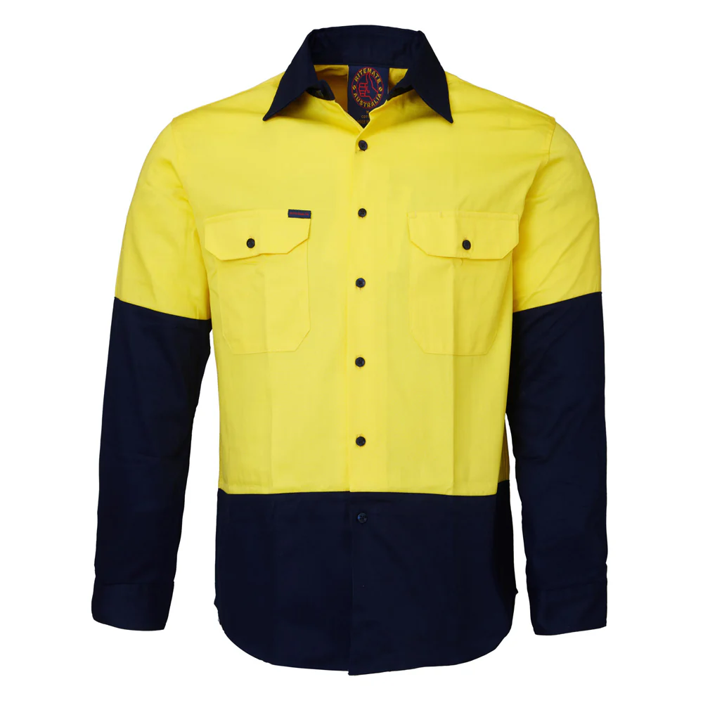 Ritemate Adults Hi Vis Open Front L/S Shirt (RM1050) Yellow/Navy - Image 8