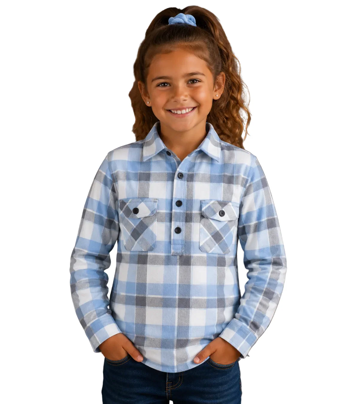 Ritemate Childrens Pilbara Closed Front L/S Flannelette Shirt (RM123KCF) Cerulean/Grey/White