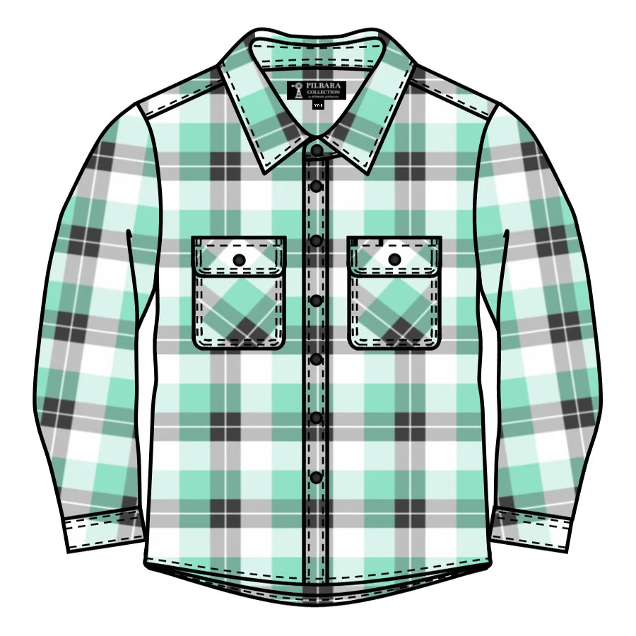 Ritemate Childrens Pilbara Open Front L/S Flannelette Shirt (RM123KOF) Beach Glass/Grey/White - Image 2