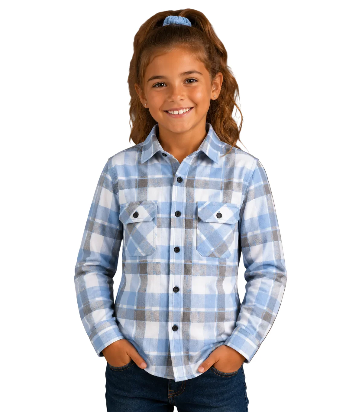 Ritemate Childrens Pilbara Open Front L/S Flannelette Shirt (RM123KOF) Cerulean/Grey/White