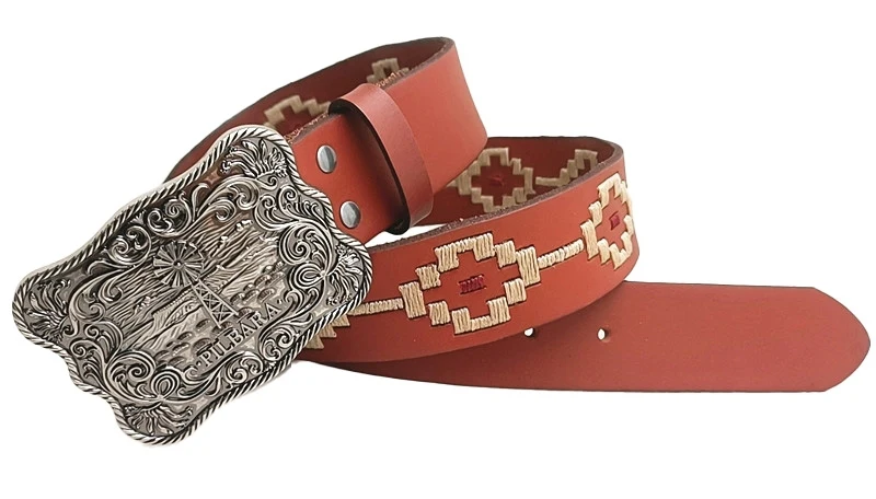 Ritemate Unisex Pilbara Western Rodeo Buckle Navajo Leather Belt (RMPW006) Tan
