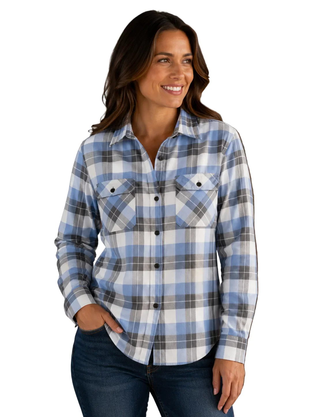 Ritemate Womens Pilbara Open Front L/S Flannelette Shirt (RM123W) Cerulean/Grey/White