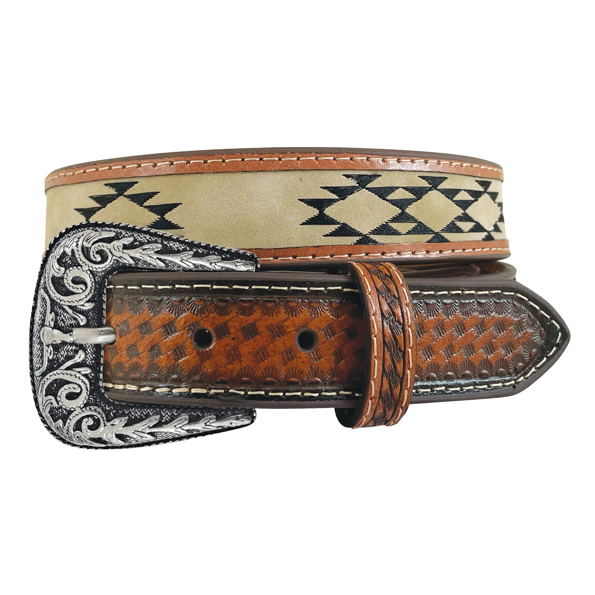 Roper Boys Genuine Leather Aztec Embroidered Inlay Basket Weave Belt (1785300) Brown