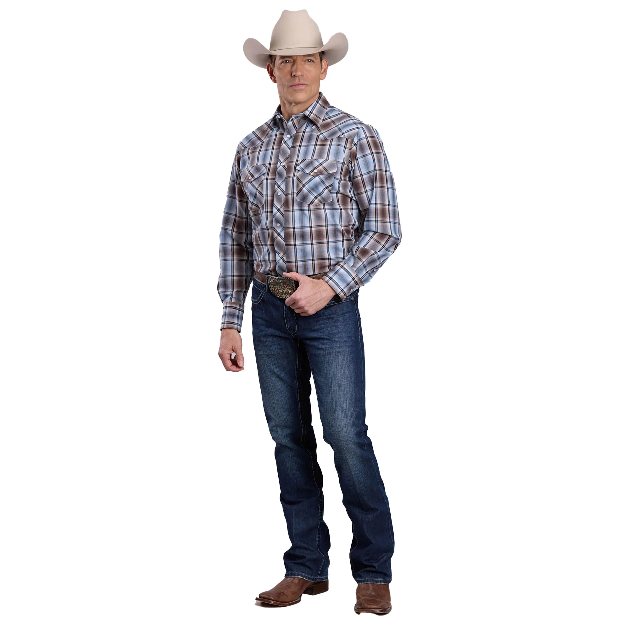 Roper Mens Karman Classic 55/45 Collection L/S Shirt (01101228) Plaid Brown - Image 3
