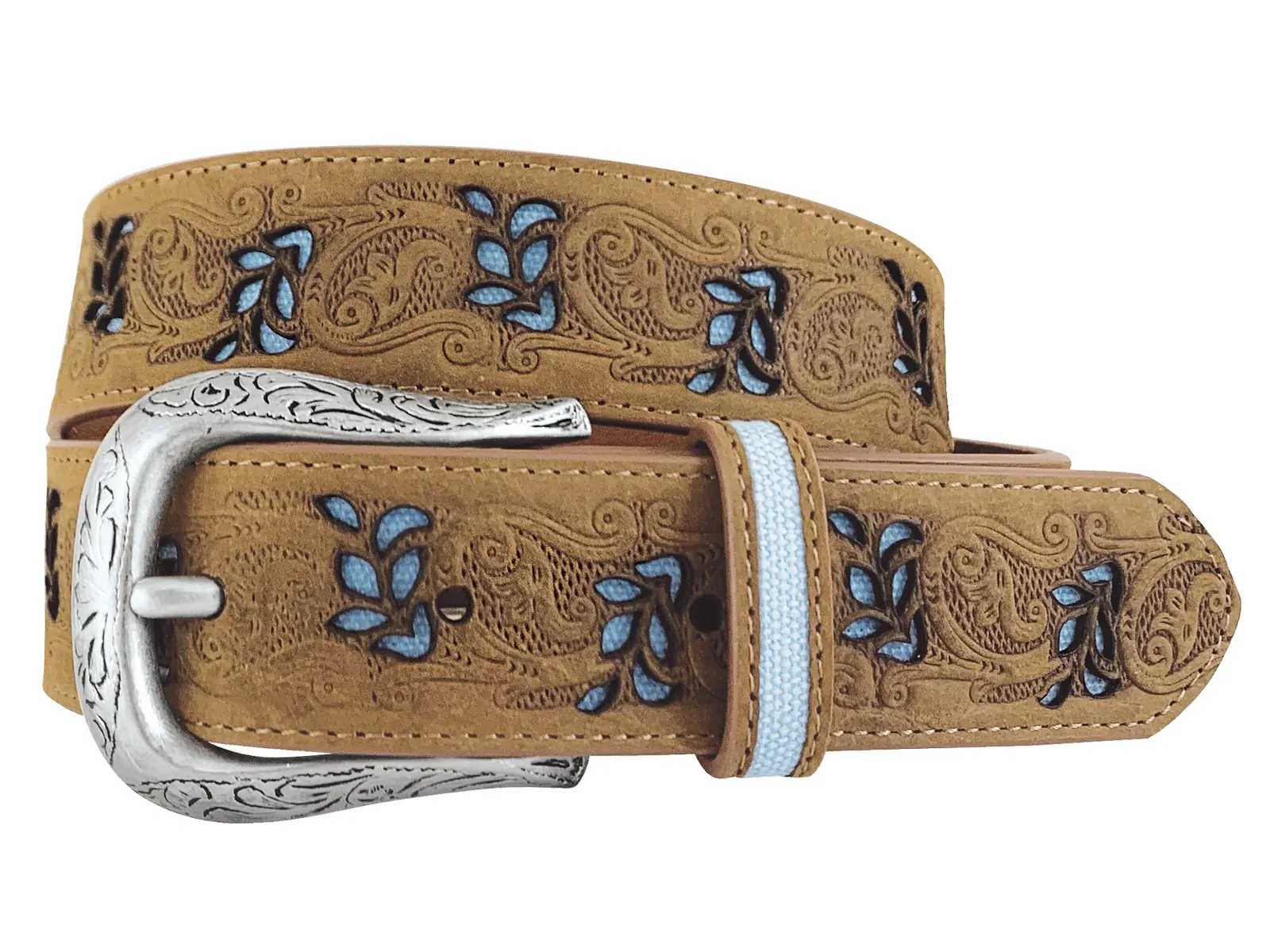 Roper Womens 1.1/2" Distressed Leather Belt (8866790) Floral Emboss/Cut Outs Brown