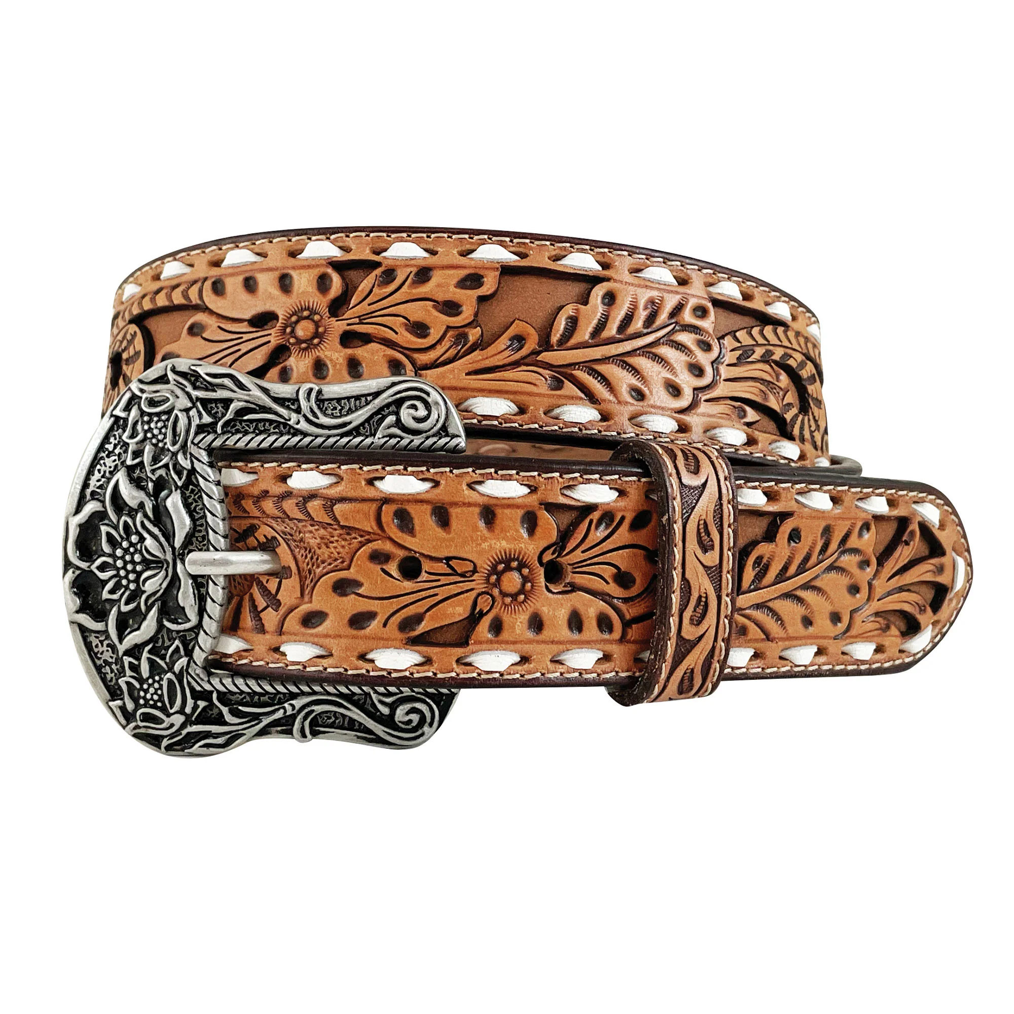 Roper Womens Genuine Leather Floral Hand Tooled Belt (8873790) Tan