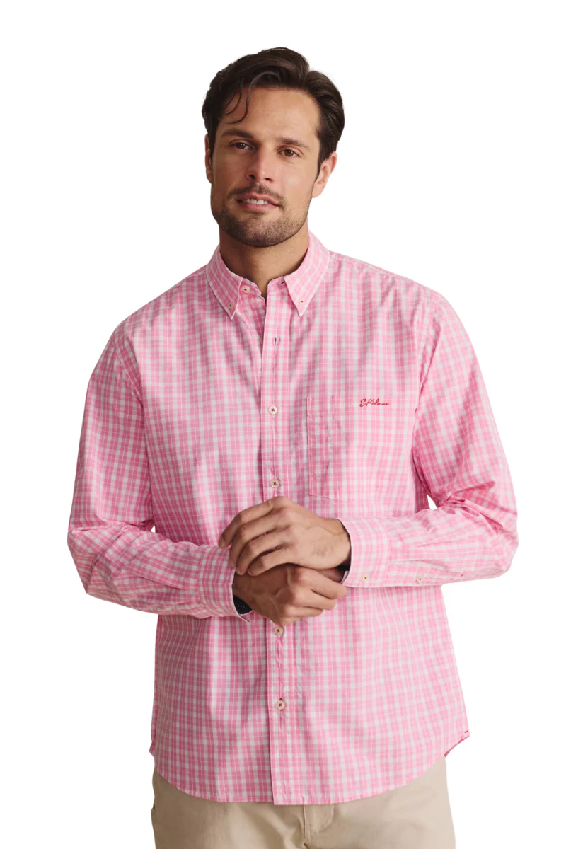 S.Kidman Mens Aberdeen Full Button L/S Dress Shirt (1SHM00081) Pale Pink Check - Image 2