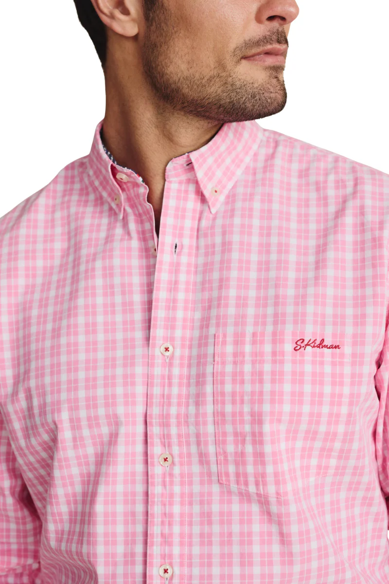 S.Kidman Mens Aberdeen Full Button L/S Dress Shirt (1SHM00081) Pale Pink Check - Image 3