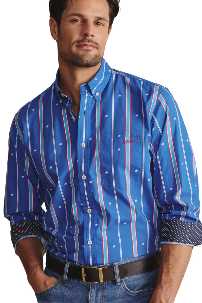 S.Kidman Mens Aberdeen Full Button L/S Print Shirt (1SHM00079) Mid Blue - Image 5