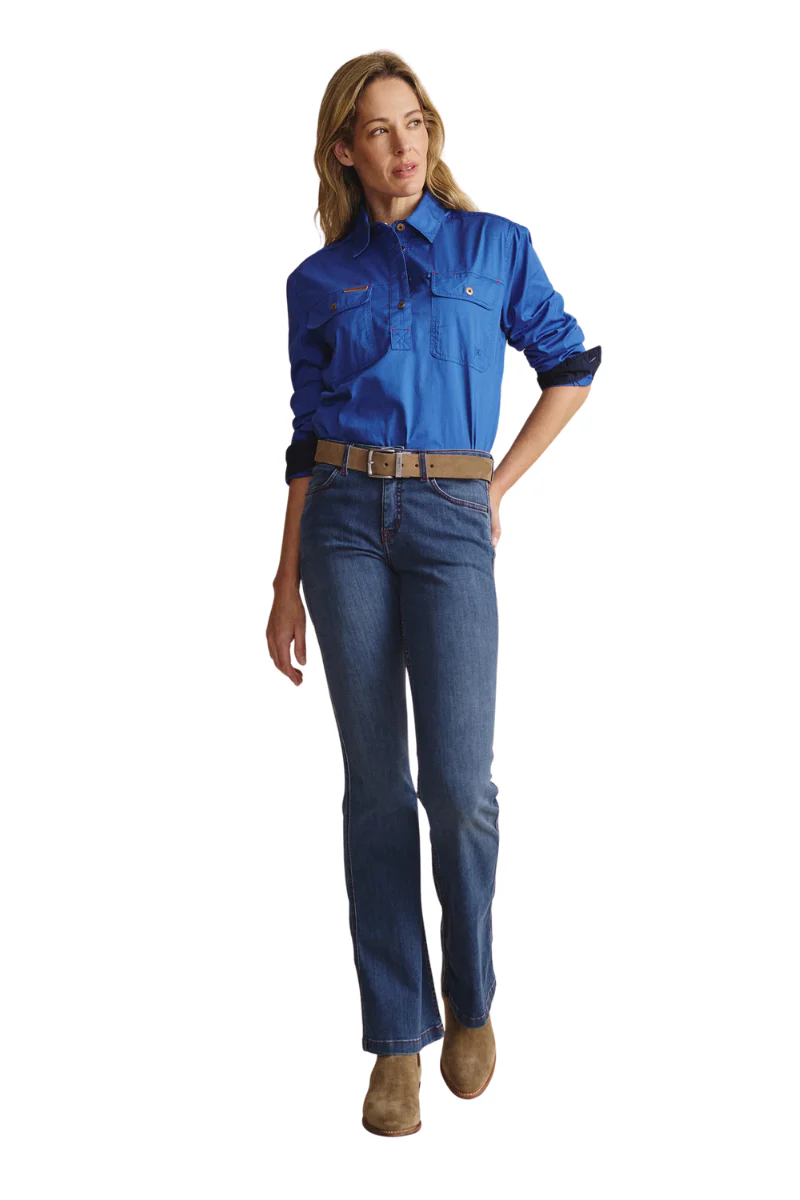 S.Kidman Womens Camfield Half Button L/S Work Shirt (1SHW00133) Mid Blue - Image 4