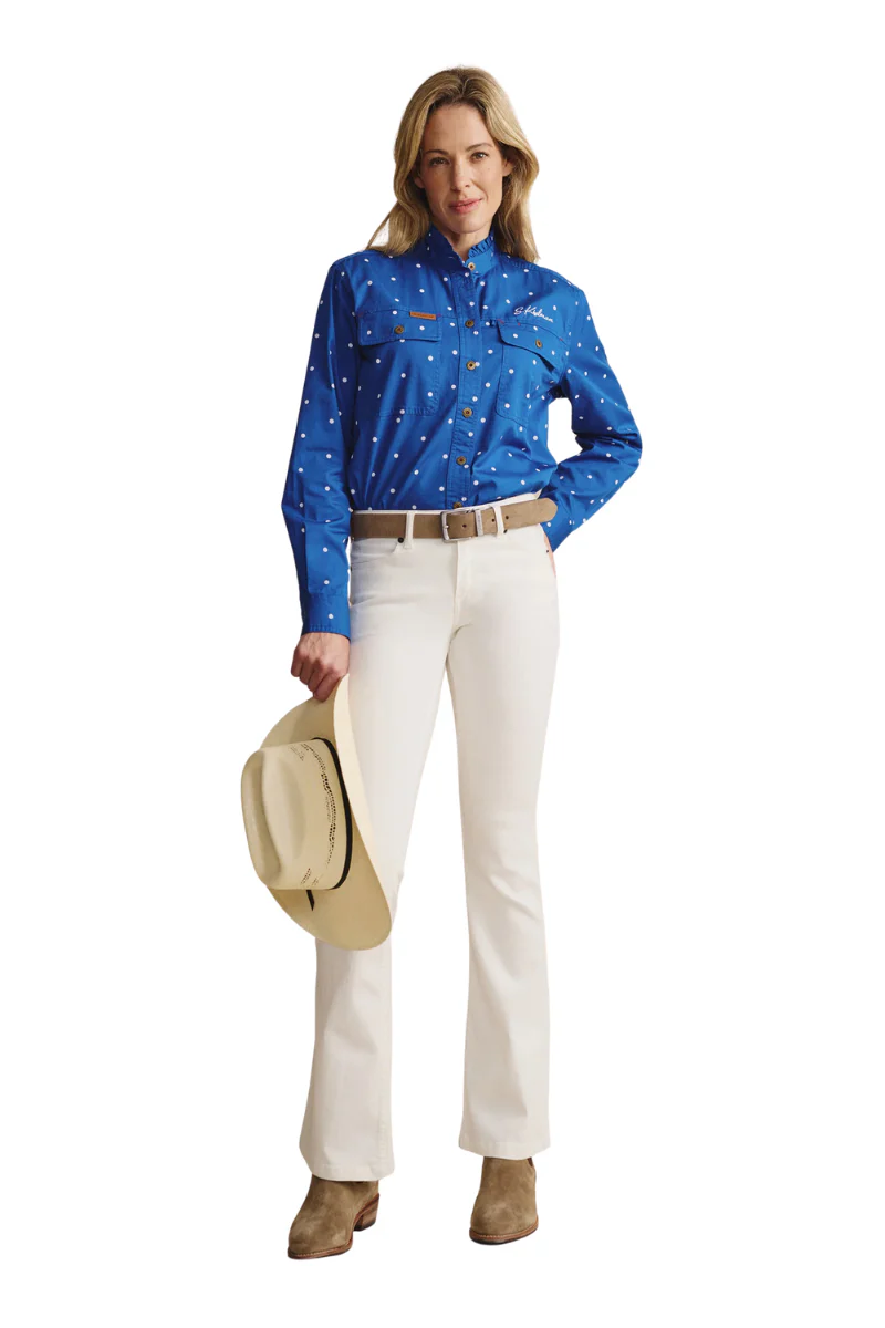S.Kidman Womens Lilly Pilly Frill Neck Full Button L/S Print Shirt (1SHW00034) Mid Blue - Image 4