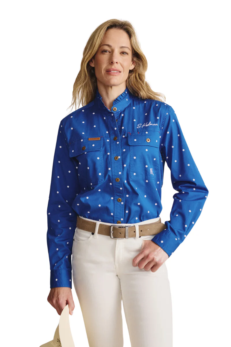 S.Kidman Womens Lilly Pilly Frill Neck Full Button L/S Print Shirt (1SHW00034) Mid Blue - Image 5