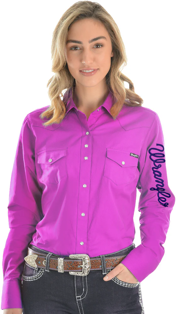 Wrangler Womens Logo L/S Drill Shirt (XCP2127020) Magenta - Image 6